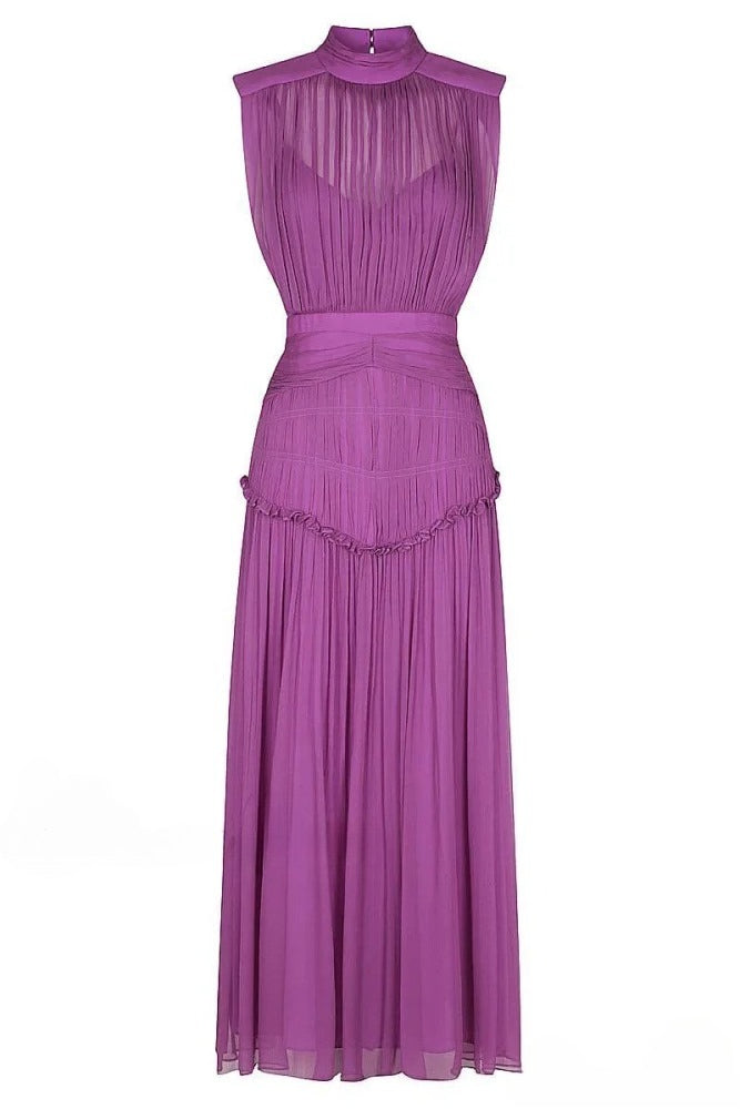 Sleeveless Mock Neck Pleated Waistband Chiffon Maxi Dress