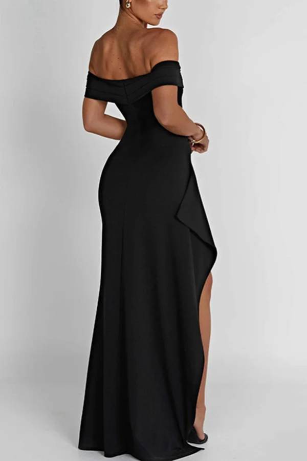 Off Shoulder Ruched High Split Bodycon Maxi Dress
