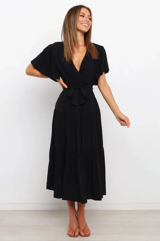 Trendy Solid Color Ruffles Long Dresses Women Sexy V-neck Ruffle Sleeves Leace-up Temperament Elegant Lady Dress 2025 Summer New 20 undefined
