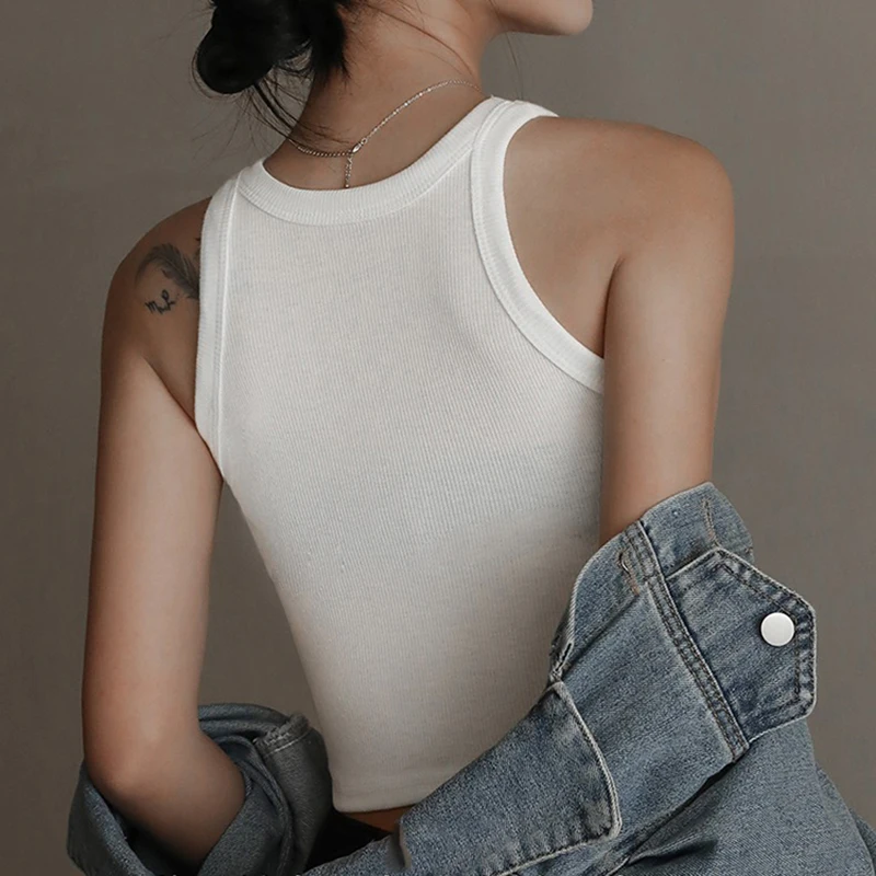 Women Solid O Neck Ribbed Sleeveless Tank Top Camisole Women Summer Basic Elastic Black Crop Top Ladies