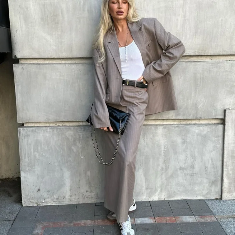 Ootddress Oversized Blazer Suits For Women Loose Slit High Waist Skirts Femme New Street Casual Blazers 2 Piece Sets Womens Outfits