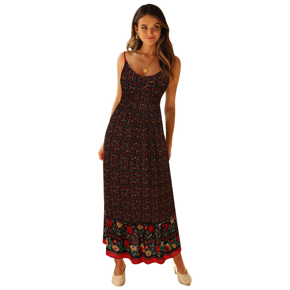 Bohemian Floral Spaghetti Strap Dresses Women Sexy V-neck Backless Casual Beach Vacation Long Dress Female Vestidos Summer New 43 undefined