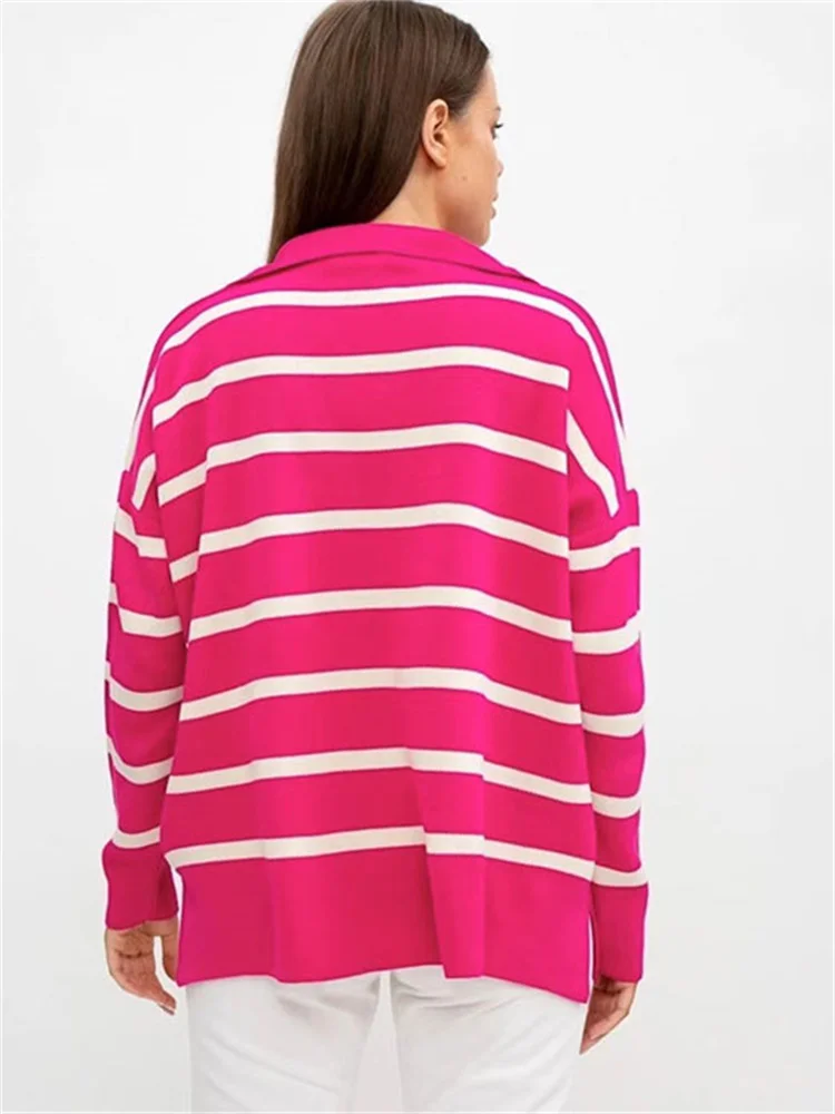 Ootddress V-Neck Knit Casual Pullover For Women Striped Slim Long Sleeve Contrast Loose Sweater High Street Knitwear Pullover Top