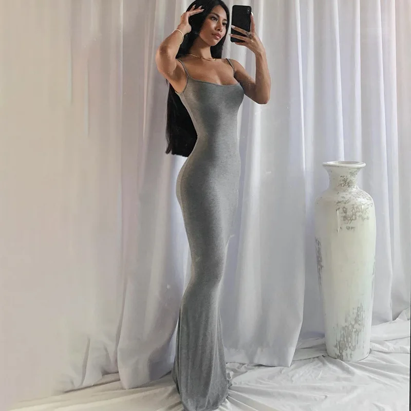 Dresses For Women 2025 Sexy Spaghetti Strap Black Long Dress Evening Y2k Sleeveless Solid Skinny Bodycon Maxi Vestidos