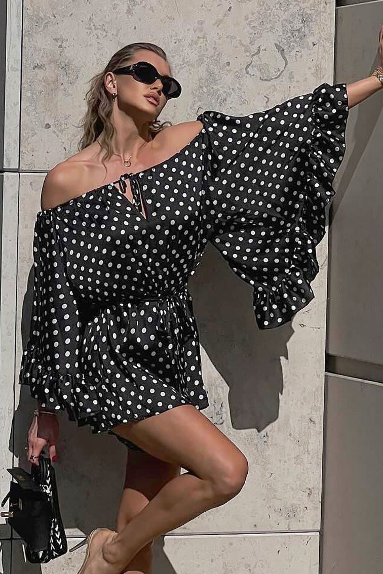 Black Off Shoulder Tie Front Ruffle Cuff Polka Dot Romper