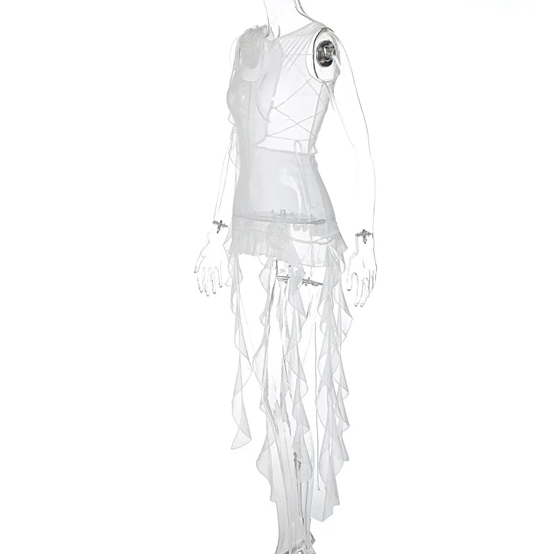 Ootddress See Through Mesh Sexy Backless Crop Top T Shirt For Women Ribbons Lace Up Splice Fungus Solid Hot Girl Club Summer New