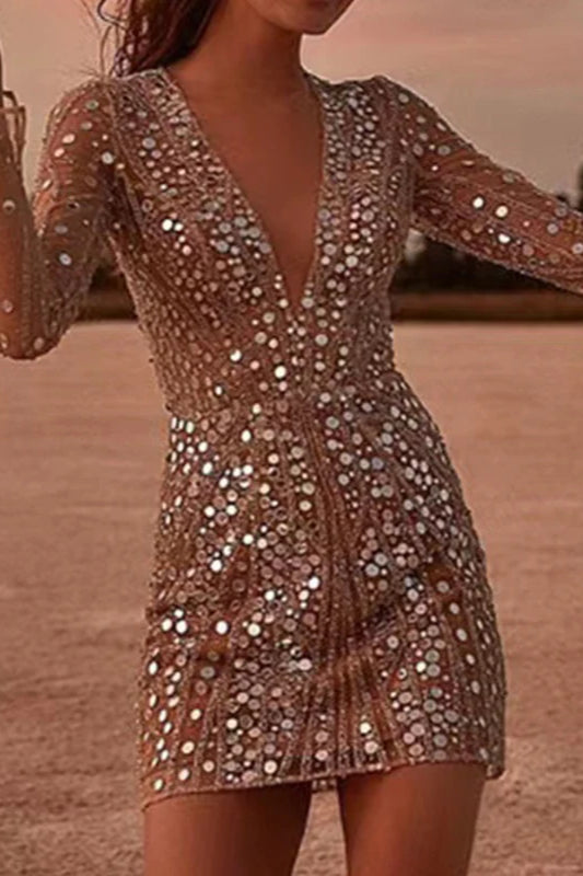 Disc Sequin Mesh Deep V-Neck Long Sleeve Bodycon Mini Dress