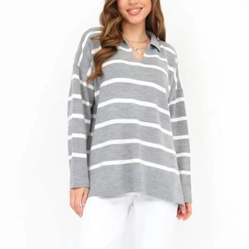 Ootddress V-Neck Knit Casual Pullover For Women Striped Slim Long Sleeve Contrast Loose Sweater High Street Knitwear Pullover Top