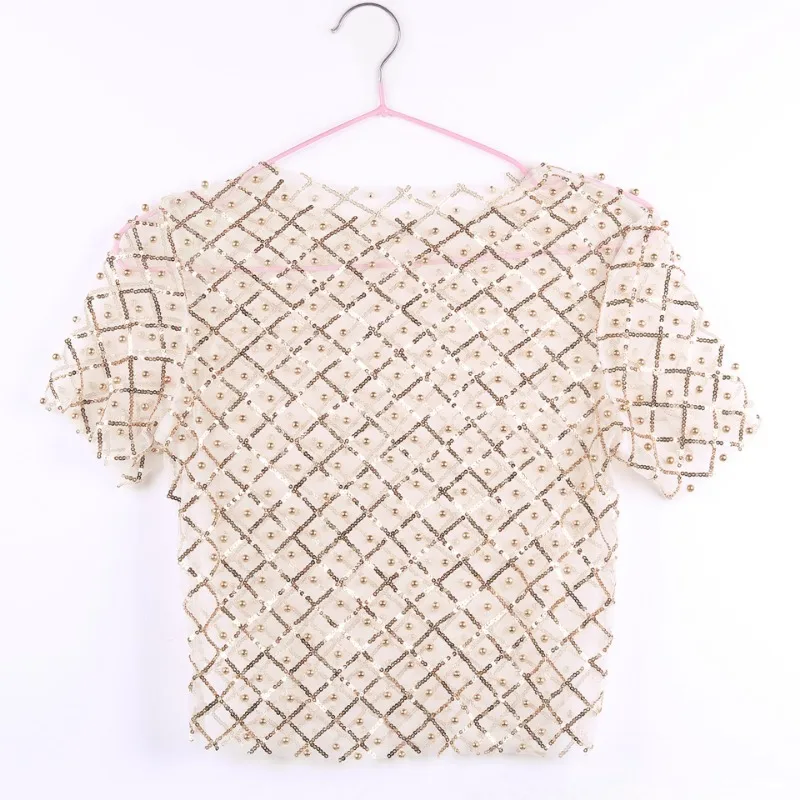 Ootddress Mesh Splice Sequins Cover-up Women Sexy See Through Short Sleeve Crop Tops Ladies 2025 Party Beach Shirts Cover Up Femme