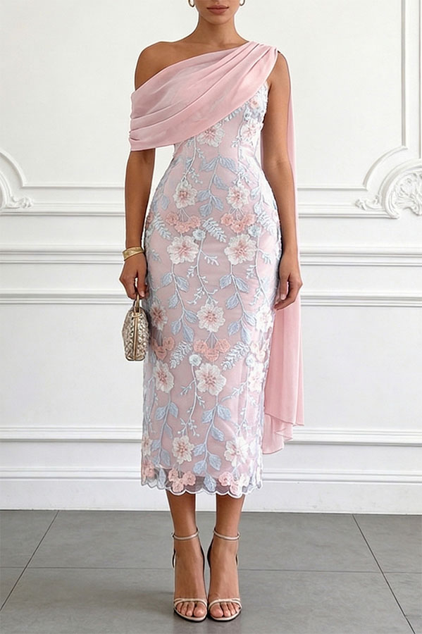 Ellie Ruched Drape Tulle One Shoulder Floral Embroidery Party Midi Dress