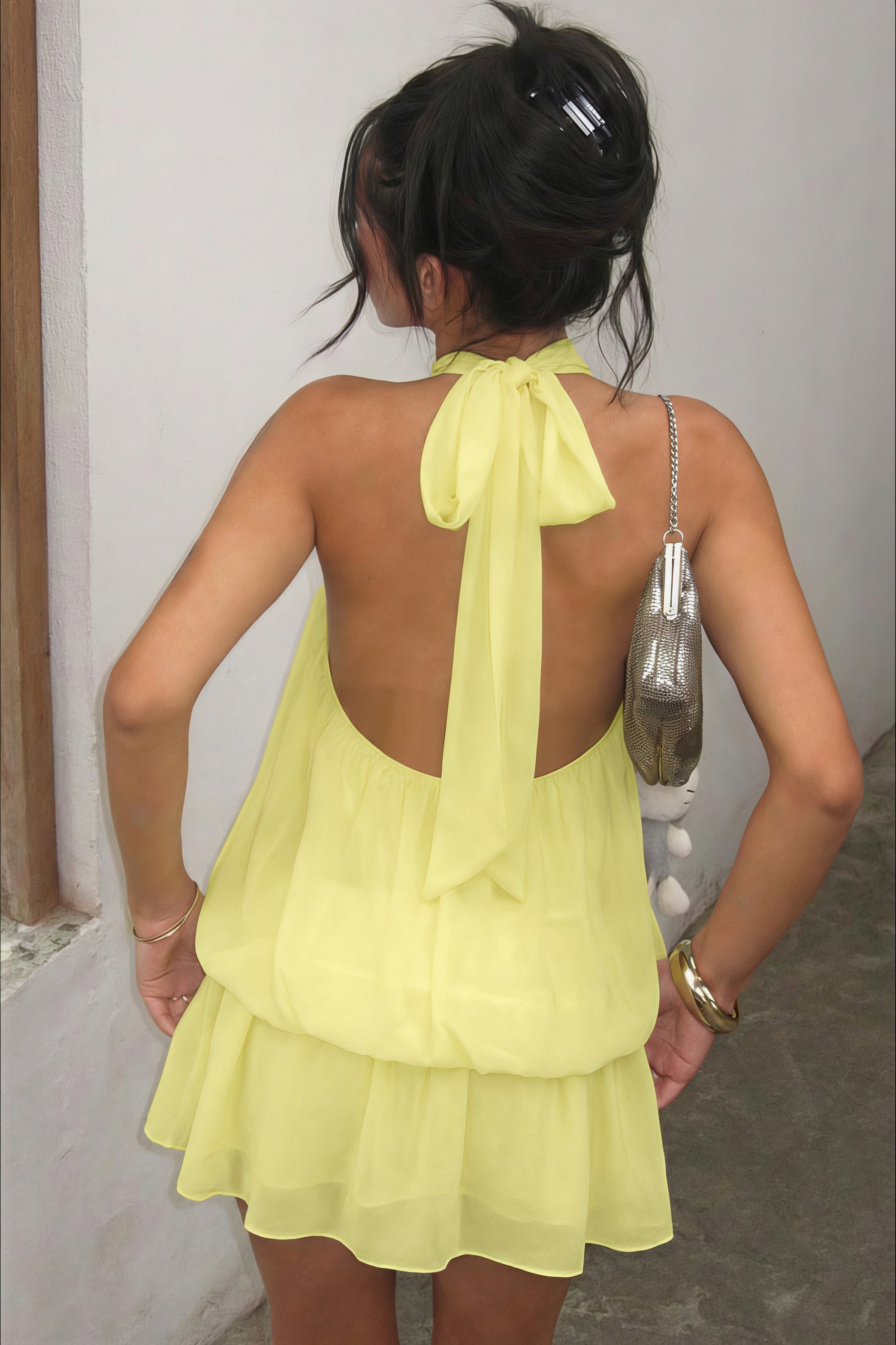 Halter Neck Pleated Tiered Bubble Hem Chiffon Mini Dress
