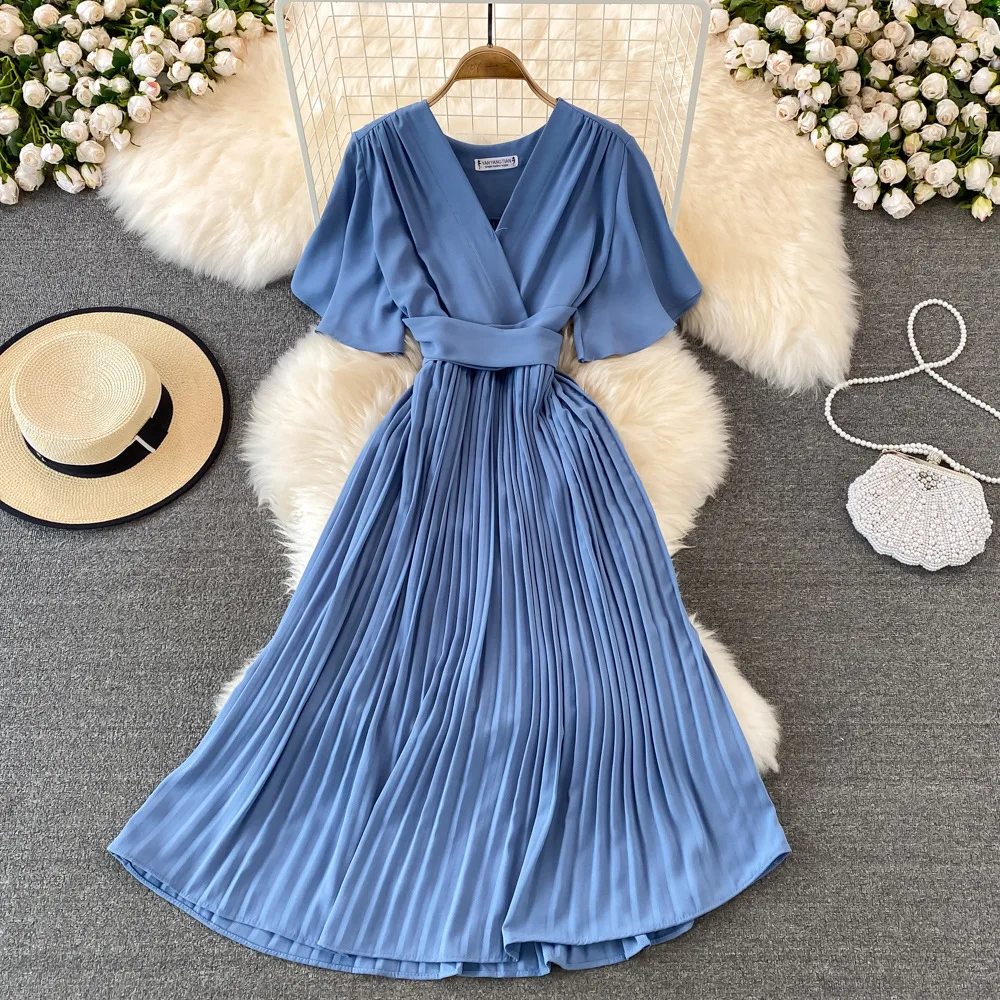 Women Elegant Pleated Dress Summer Short Sleeve V-neck Vintage Dresses Ladies A Line High Waisted Midi Dress
