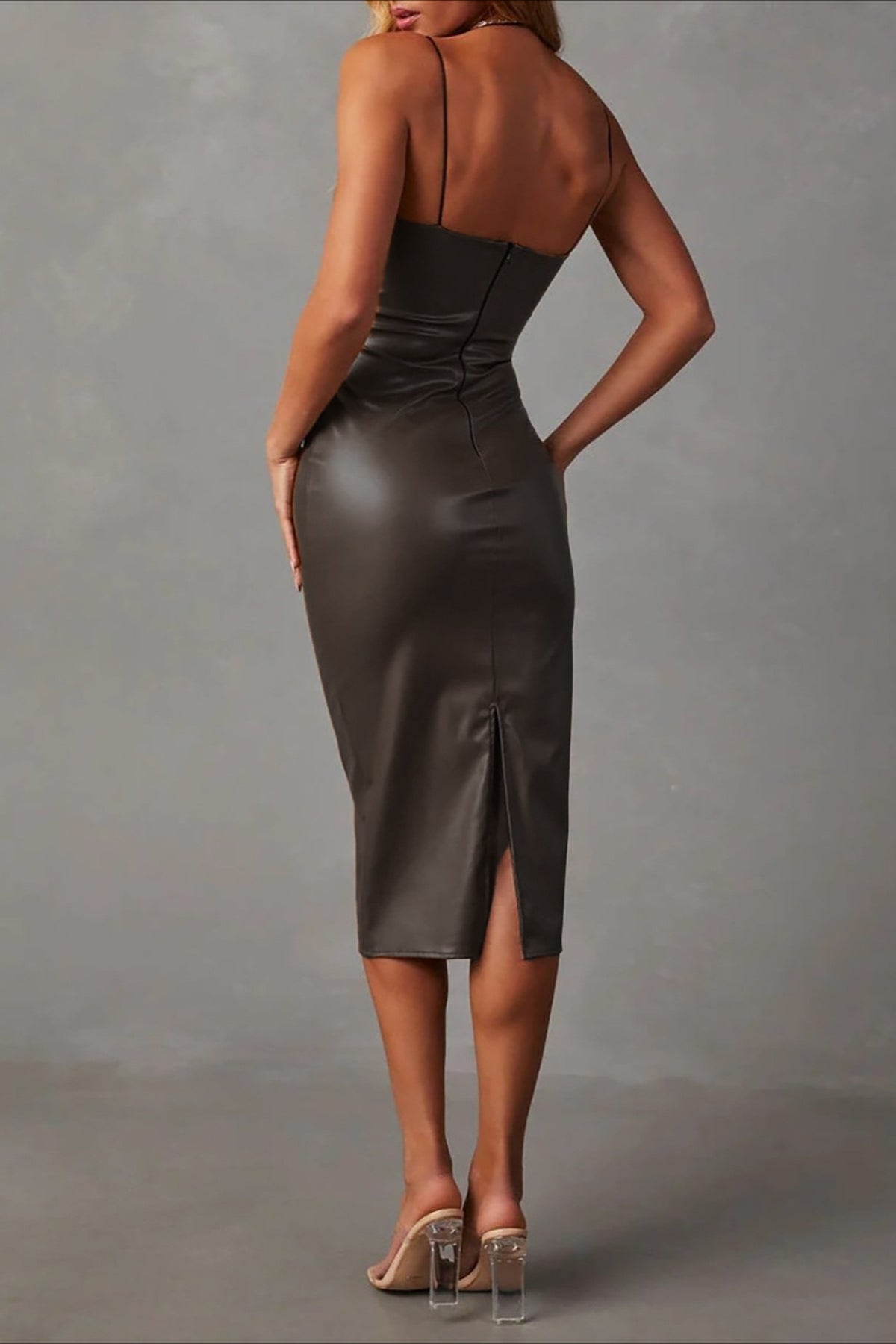 Faux Leather Square Neck Spaghetti Strap Side Ruched Bodycon Midi Dress