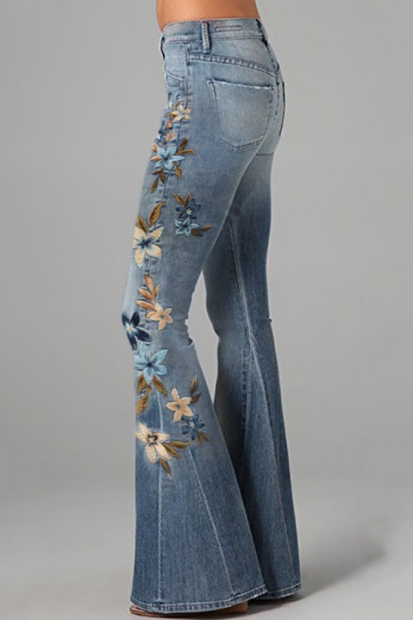 Unique Printed High-waisted Pocket Casual Flared Jeans