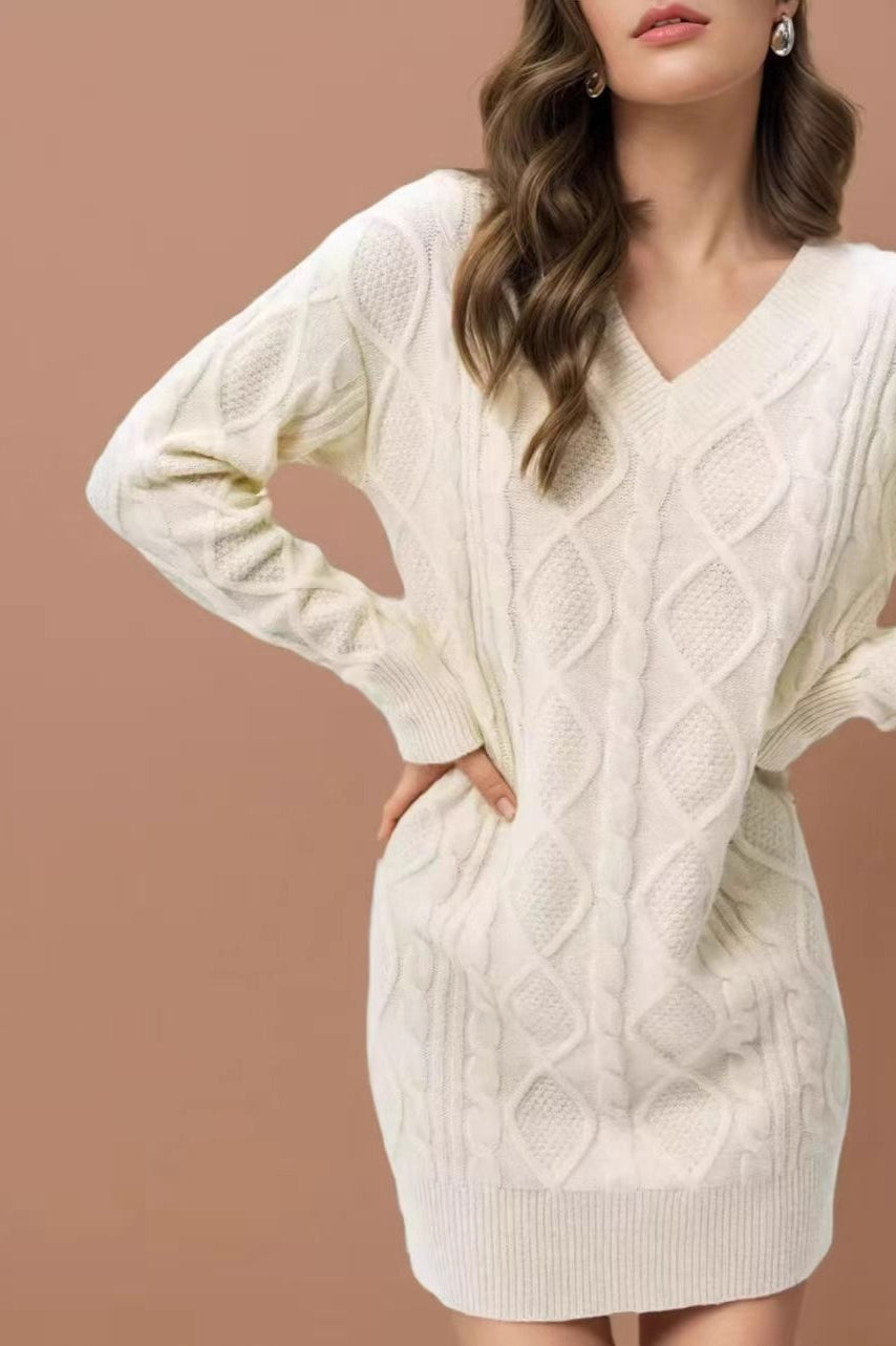 Cable Knit Diamond Pattern V-Neck Long Sleeve Sweater Mini Dress