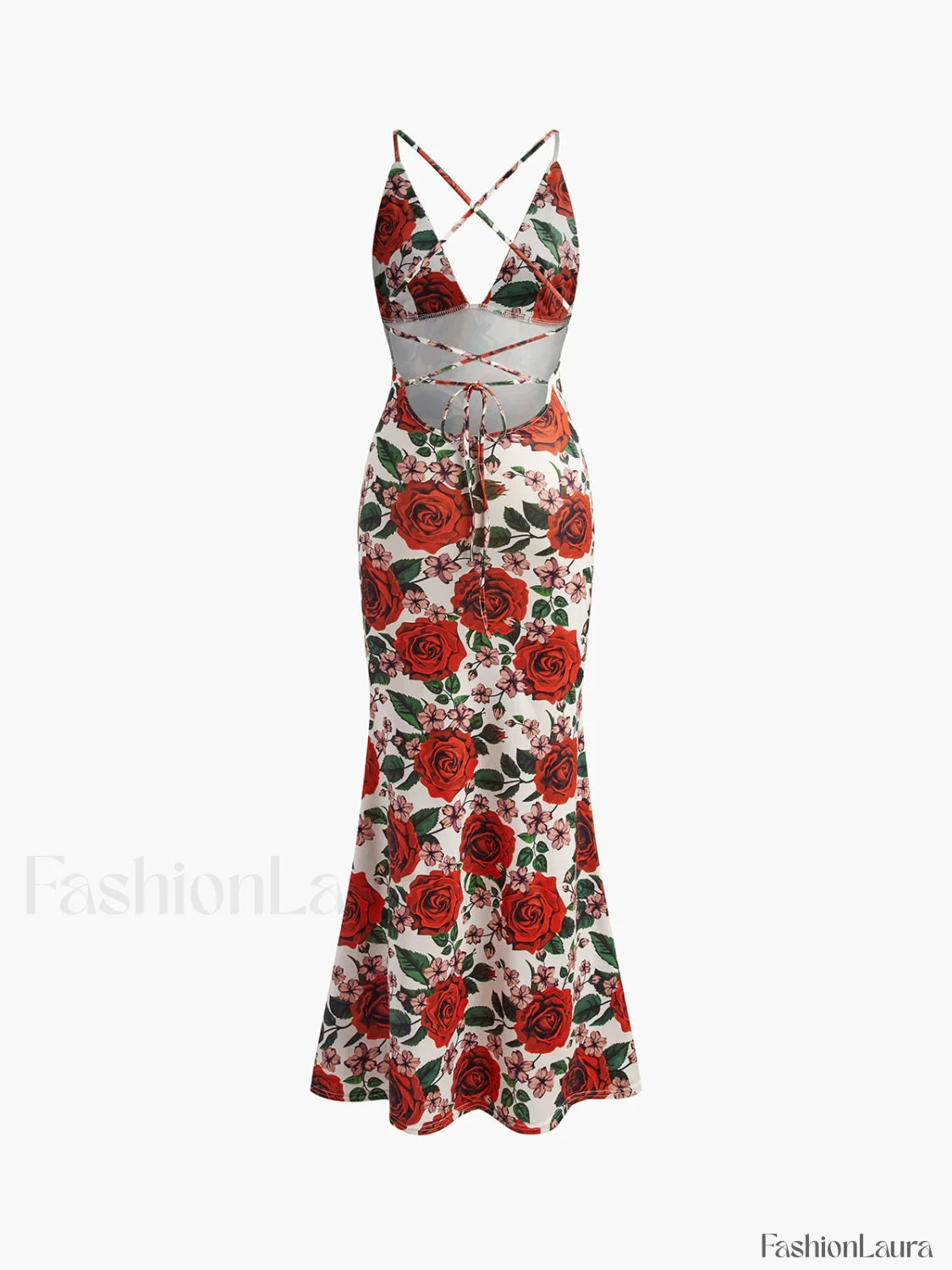 Red Backless Floral Long Dress