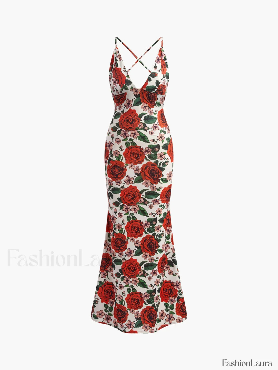 Red Backless Floral Long Dress