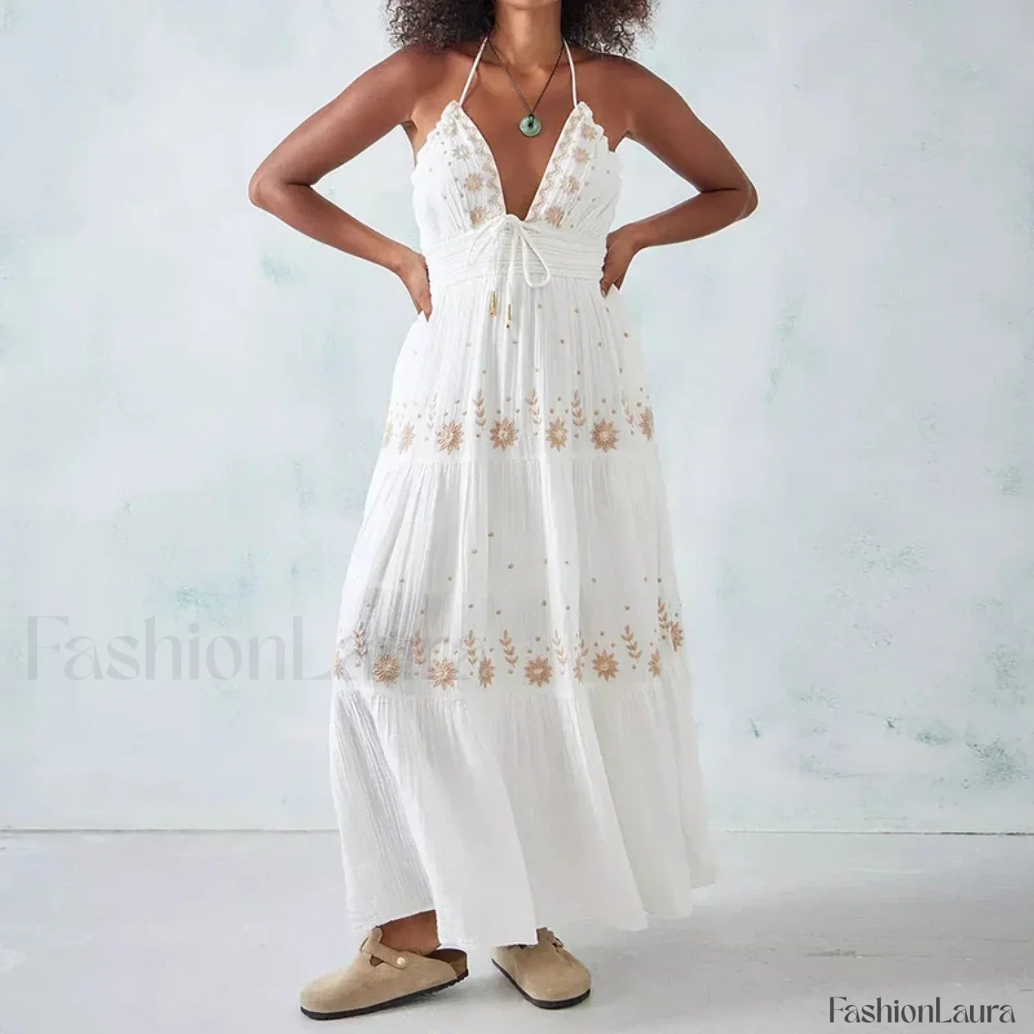 Backless Halter Embroidery Dress