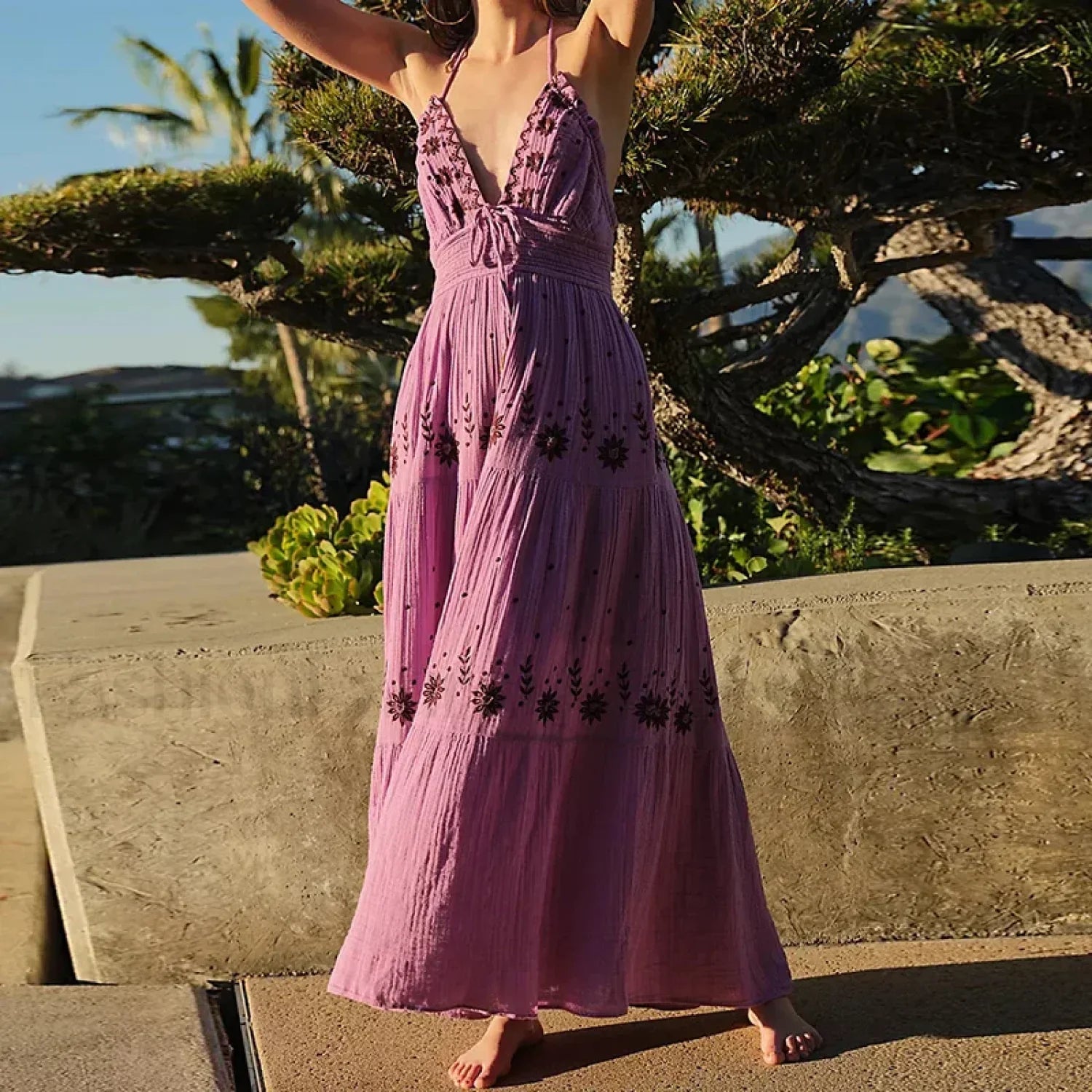 Backless Halter Embroidery Dress