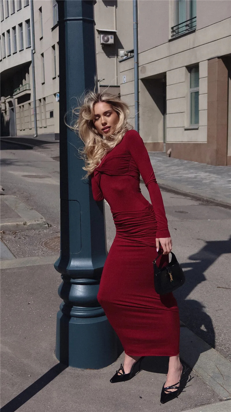 Ootddress Long Sleeve Knit Dress For Women Fashion O Neck Strapless Bodycon Maxi Dress Ladies Knitted Pullover Sweater Dress