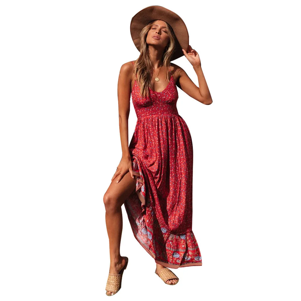 Bohemian Floral Spaghetti Strap Dresses Women Sexy V-neck Backless Casual Beach Vacation Long Dress Female Vestidos Summer New 33 undefined