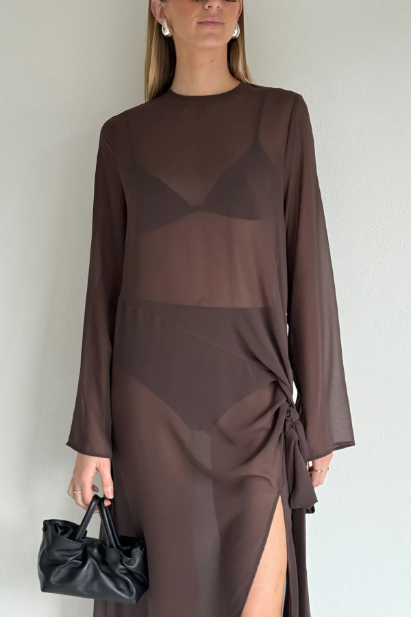 Fashionable Mesh See-through Round Neck Long Sleeve Tie Bow Slit Maxi Dress