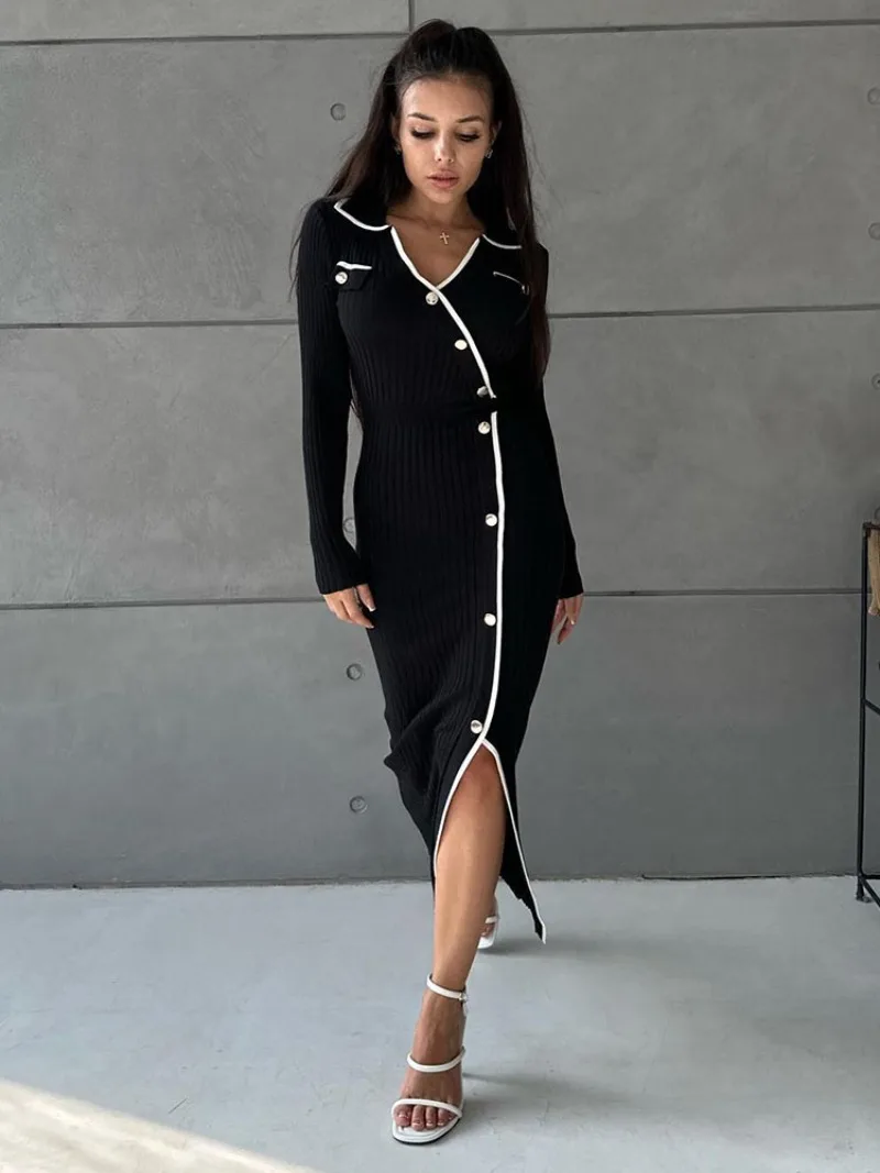 Ootddress Side Slit Maxi Dresses For Women Knitted Slim Bodycon Dress Women's Holiday Casual Party Temperament Evening Dress Woman