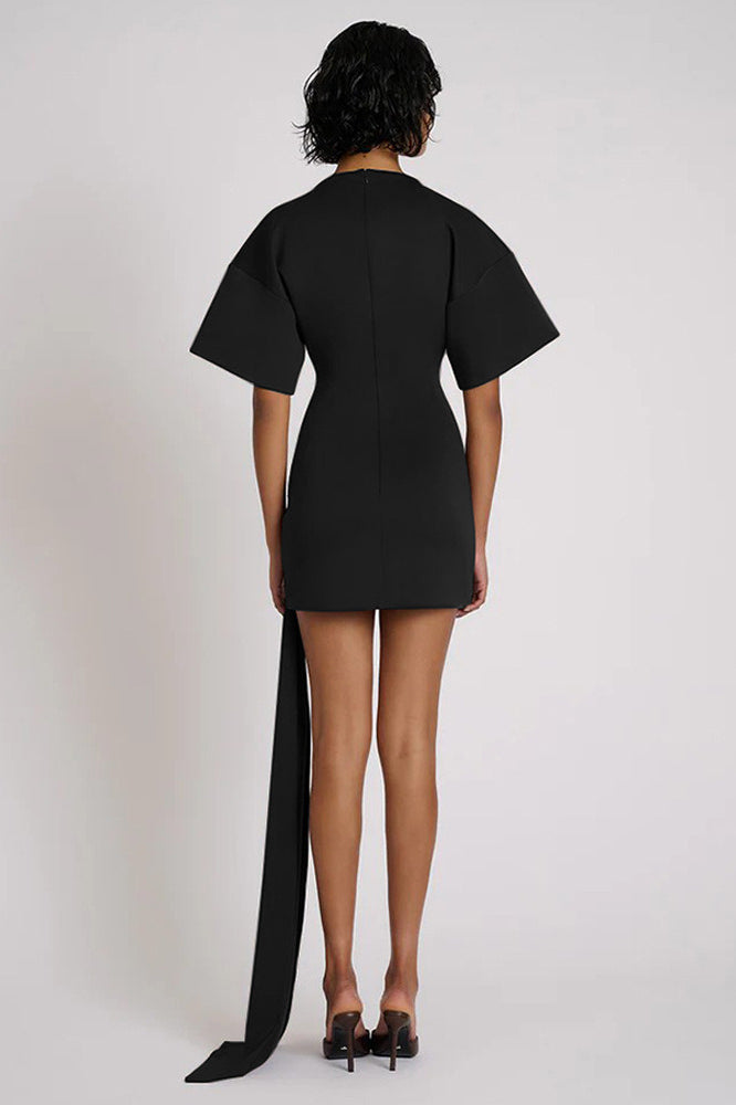 Boat Neck Draped Waist Metal Brooch Detail Side Sash Mini Dress