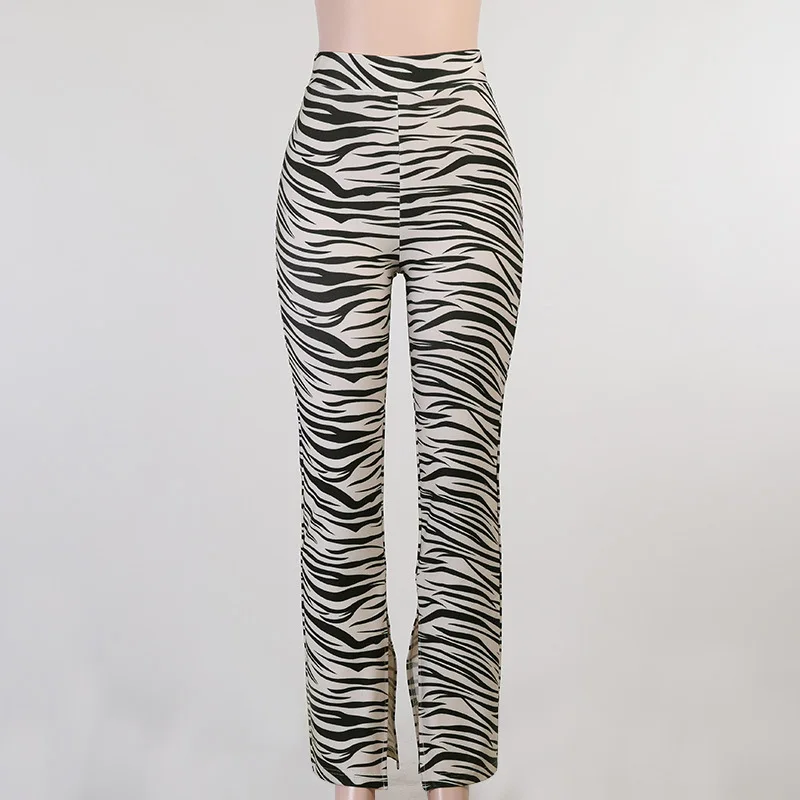 Ootddress Female Trousers Casual Zebra Print Straight Leg Pants Split Out Spring Women Streetwear High Waist Fashion Ladies Pants