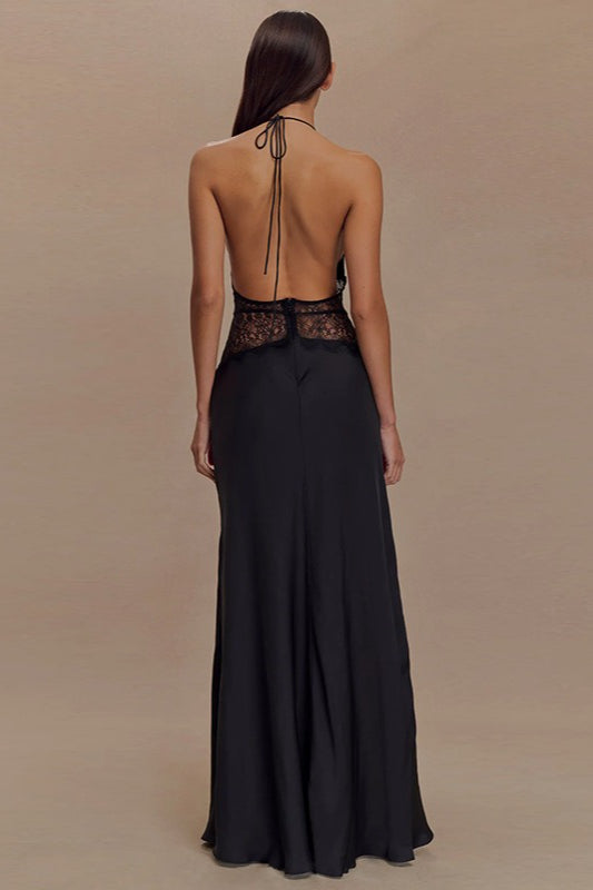 Halter Deep V-Neck Lace Panel Satin Maxi Gown