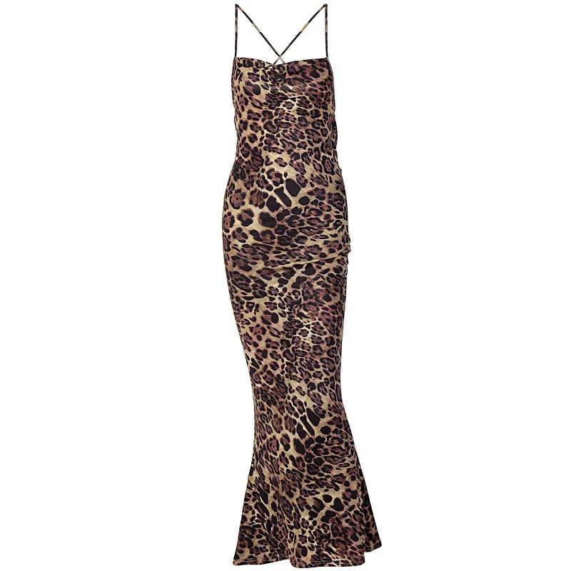 Ootddress Elegant Leopard Print Maxi Dress For Women Summer Sexy Club Party Dresses Female Spaghetti Strap Sleeveless Long Dress