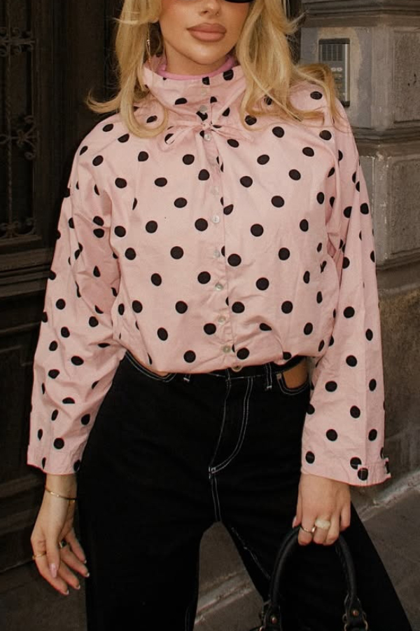 Polka Dot Print Loose Stand Collar Button Bow Tie Casual Long-sleeved Jacket