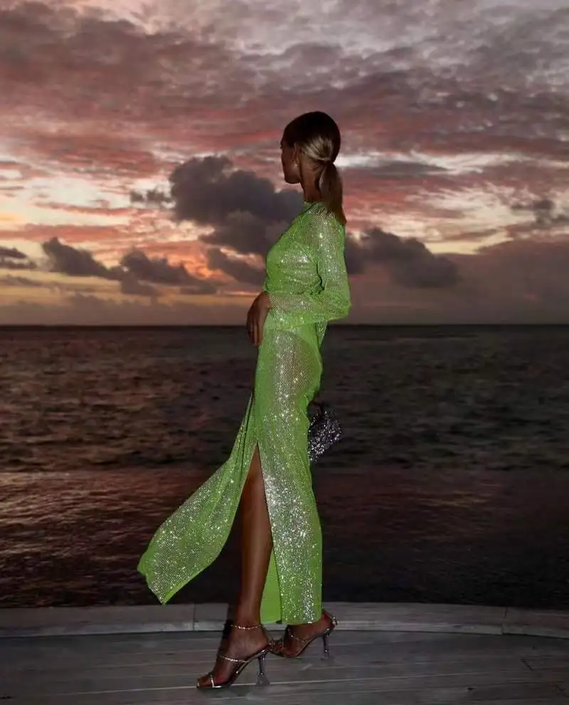 Sexy See Though Shiny Silk Dress Pink High Waist Slit Slim Fit Long Party Dresses Fashion Solid Sequins Elegant Dress for Women