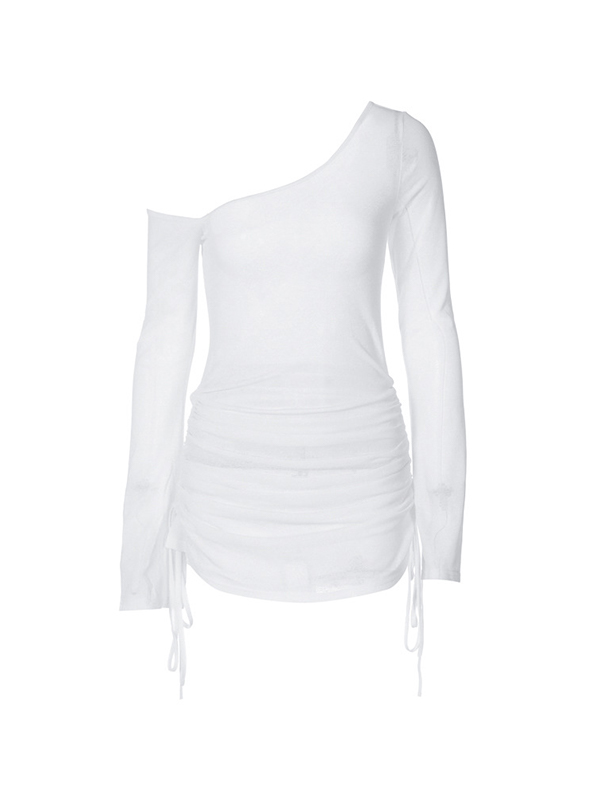 See Through One Shoulder Ruched Drawstring Mini Dress