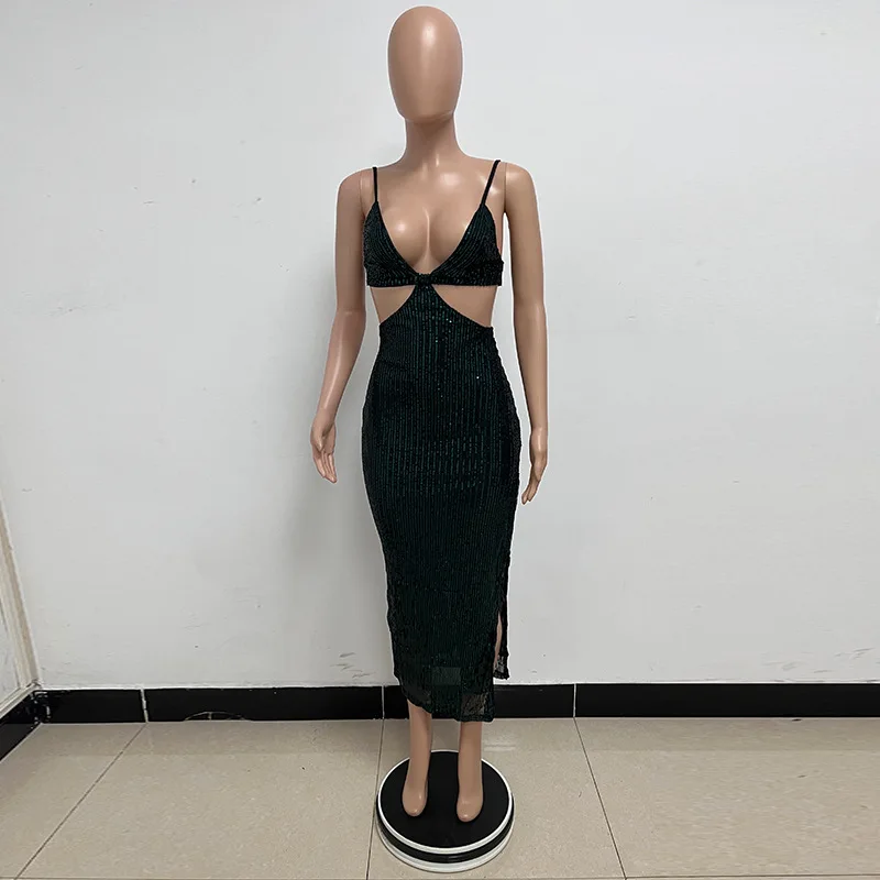 Sexy Hollow High Waist Slit Evening Dress Fashion Sequined Backless Sleeveless Elegant Party Dresses Solid Long Graduation Dress 149 undefined