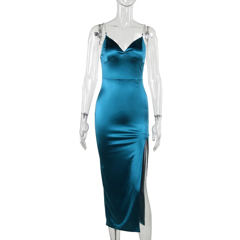 Ootddress Sexy Spaghetti Strap New Bag Buttocks Long Dress Sexy Suspender Slit Dress Diamond Shoulder Strap Party Nightclub Dress