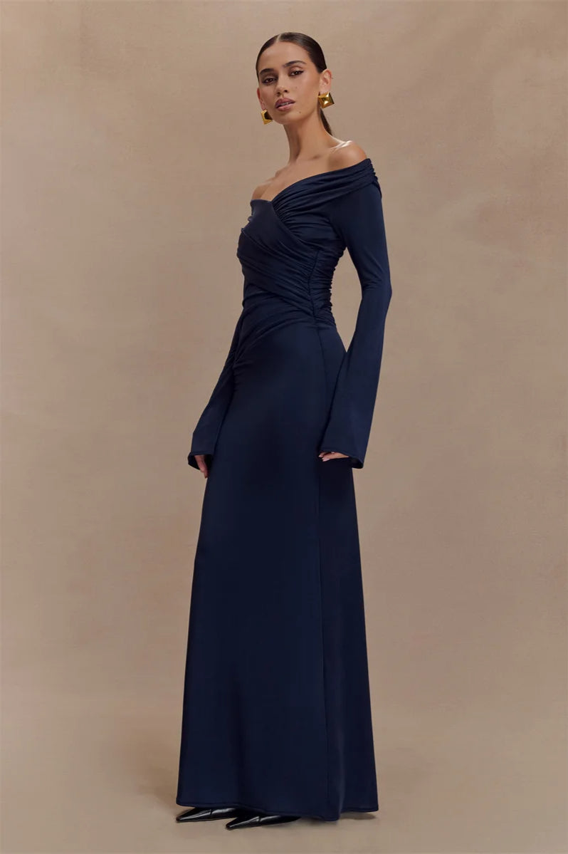 Off Shoulder Ruched Wrap Long Sleeve Column Maxi Dress