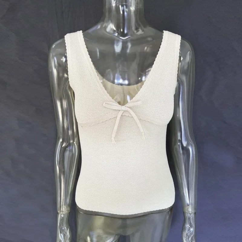 Ootddress Retro Deep V Neck Crop Top Women Y2k Ruffle Vintage Tank Tops Womens Tie Up Bow Knitted Woman Backless Cute Tops 2025 New