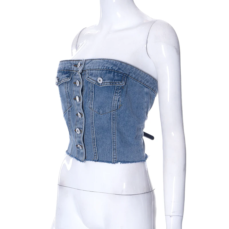 Solid Denim Pocket Design Button Vest Women Casual Bare Midriff Wrapped Chest Sleeveless Crop Tops Streetwear Tanks - Sleeveless Crop Tops Streetwear Tanks - Women Casual Bare Midriff Wrapped Chest - Solid Denim Pocket Design Button Vest