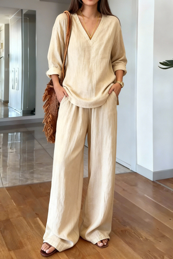 Linen Blend V-neck Long-sleeved Loose Top and Elastic Waist Casual Pocket Pants Set