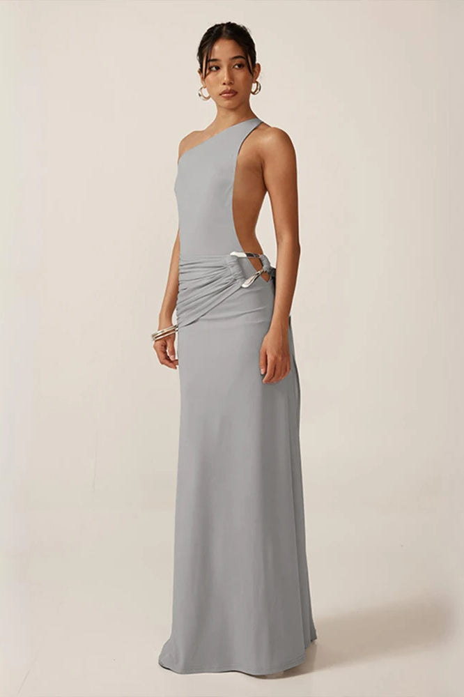 High Neck Backless Side Cutout Ring Buckle Maxi Dress
