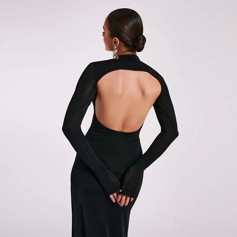 Ootddress Black Backless Slim Long Dress For Women High Split Fashion Long Sleeve Patchwork Party Dress Ladies Elegant Maxi Dress