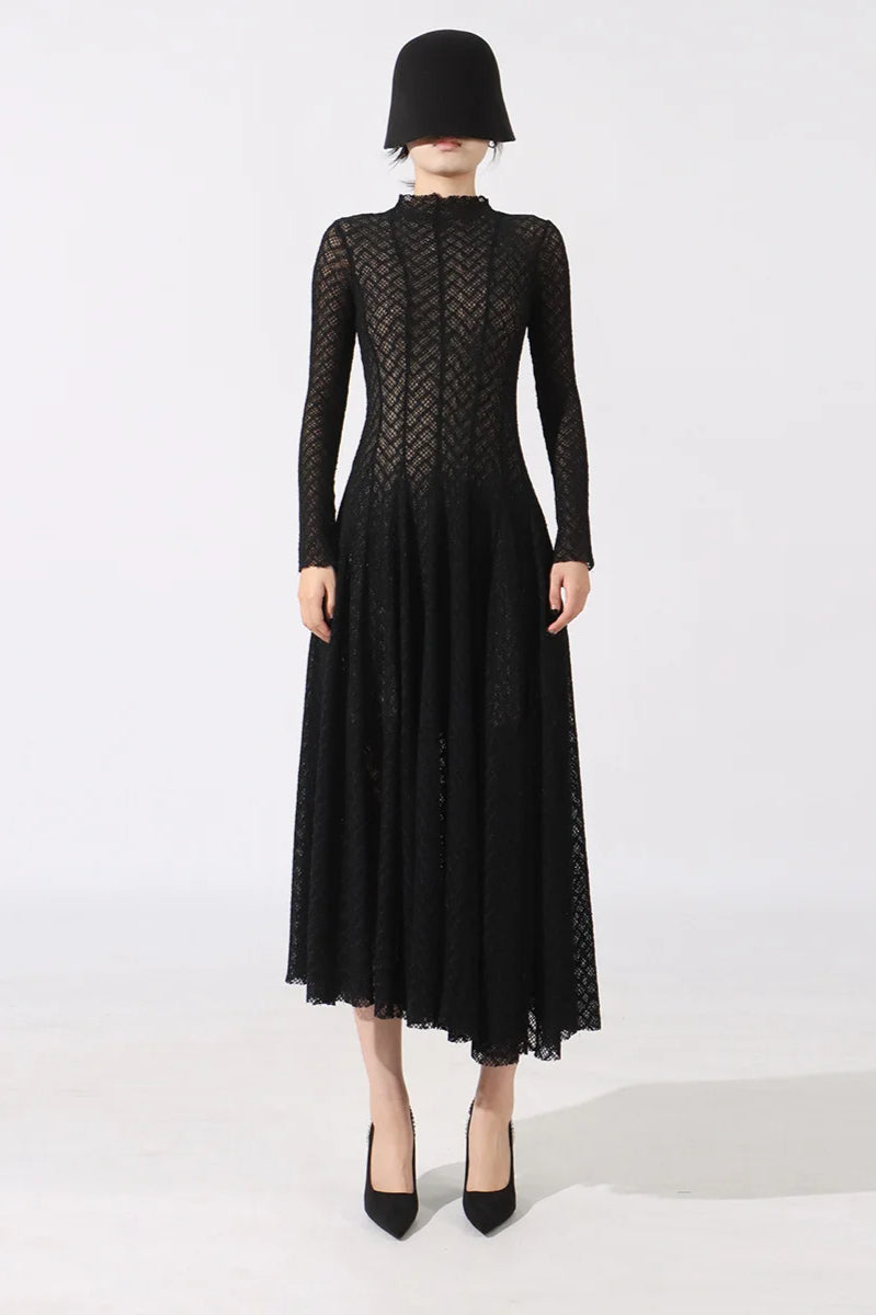 Mock Neck Geometric Crochet Knit Long Sleeve Fit and Flare Maxi Dress