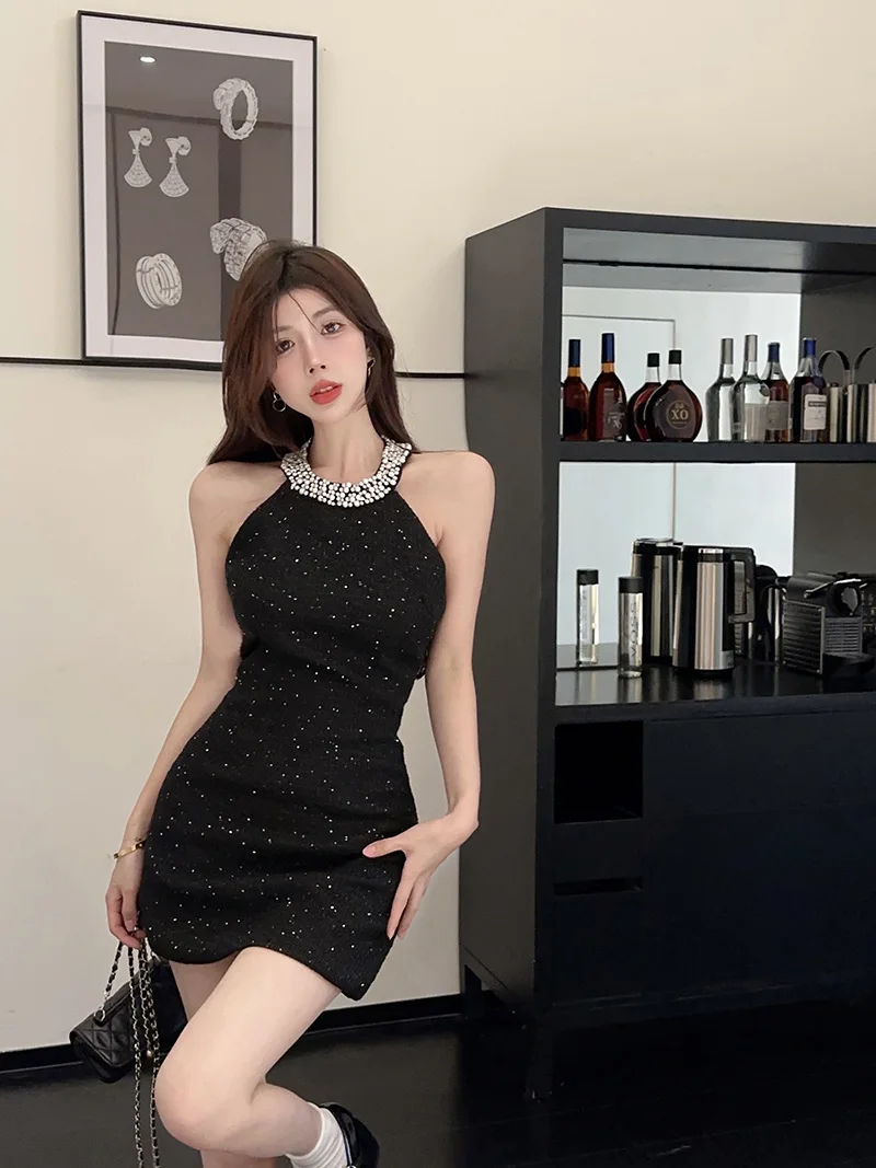 Sexy Halter Mini Dress Women Sleeveless Rhinestone Patchwork Shiny Slim Fashion Backless Evening Party Dresses Club Prom Vestido