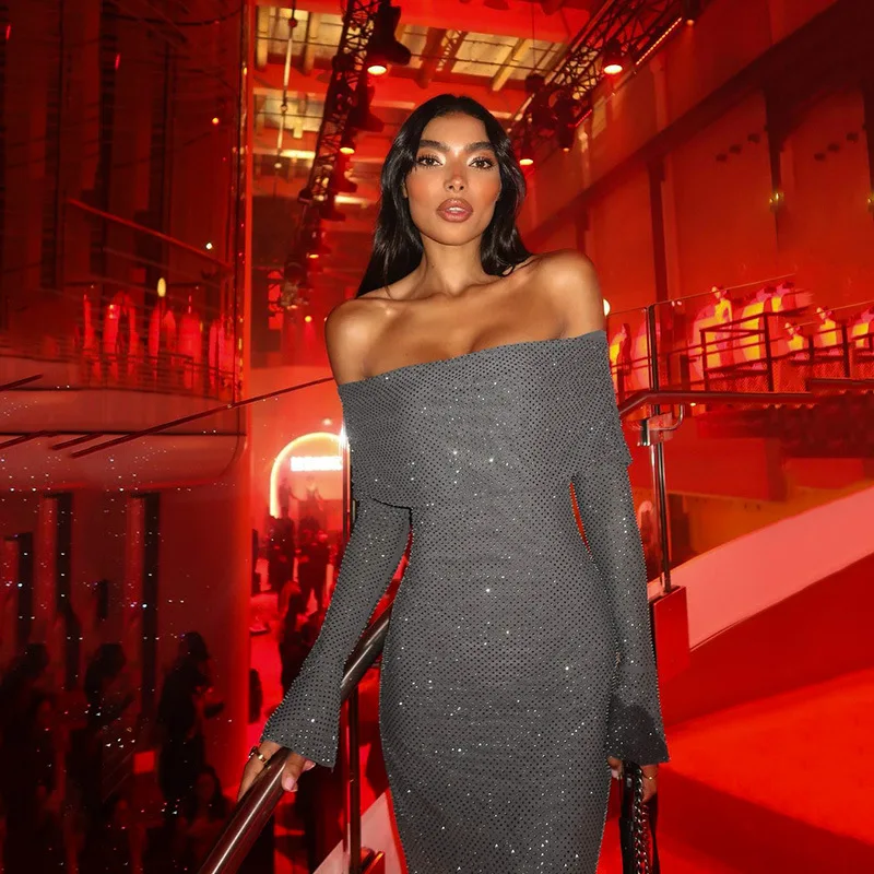 Ootddress Sexy Buttocks Wrapped Long Dress For Women Fashion Temperament Ironing Board Slim One Line Neck Party Evening Dress