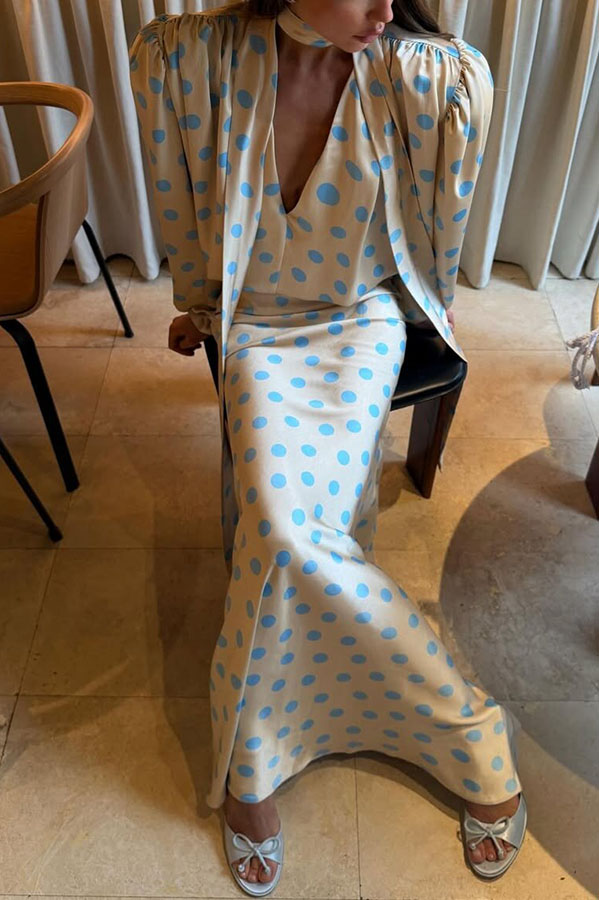 Vayla Satin Colorblock Polka Dot Print High Rise Flare Drape Maxi Skirt