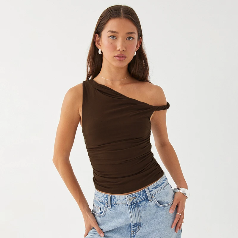 Simple Basic Casual Summer Tank Top Sleeveless Solid Color Off Shoulder Side Ruched Crop Tops Vestidos Spring Women T S - Sleeveless Solid Color Off Shoulder Crop Top