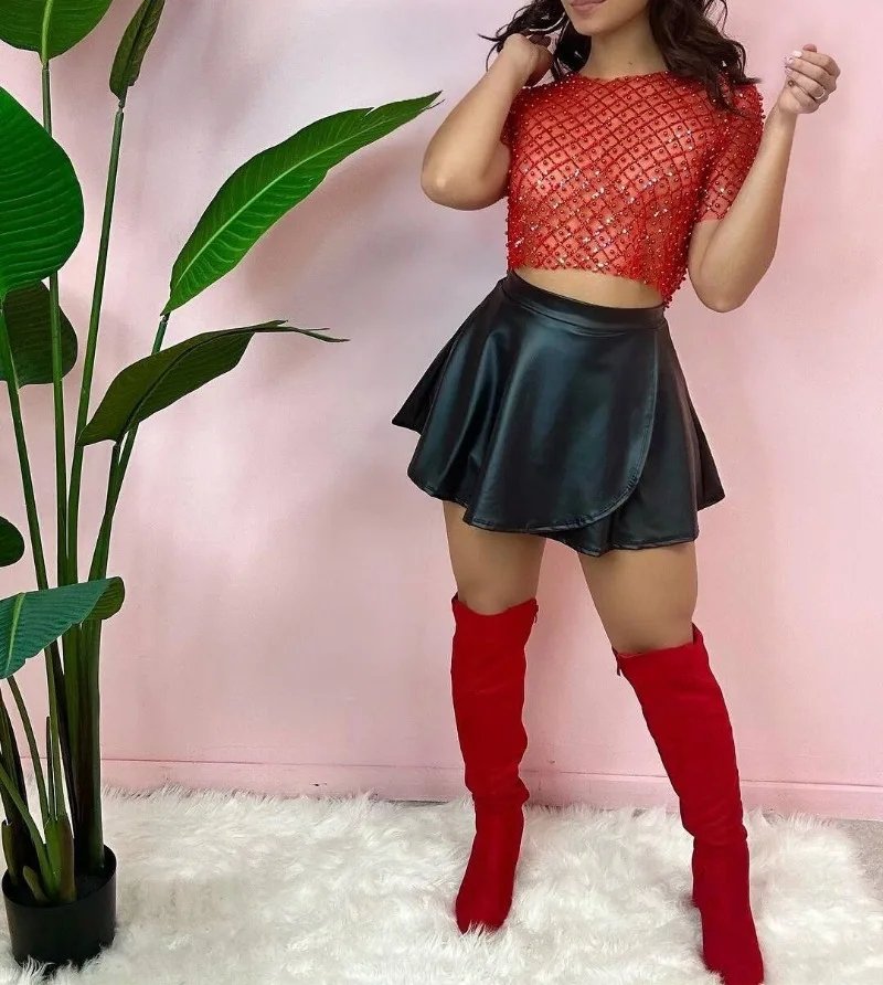 Ootddress Mesh Splice Sequins Cover-up Women Sexy See Through Short Sleeve Crop Tops Ladies 2025 Party Beach Shirts Cover Up Femme
