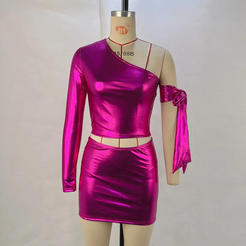 Ootddress Fashion Sexy One Shoulder Set Women Top Wrap Hip Short Skirt Lace up Spicy Girls Two Piece Set Tight Party Nightclub