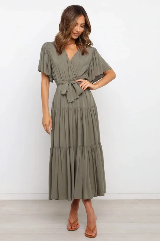Trendy Solid Color Ruffles Long Dresses Women Sexy V-neck Ruffle Sleeves Leace-up Temperament Elegant Lady Dress 2025 Summer New 8 undefined